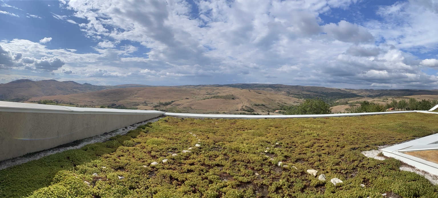 Green winery roof beneath the open Dealu Mare hillside landscape