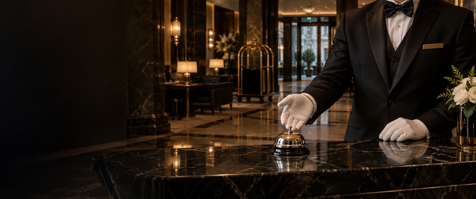 A discreet luxury hotel concierge presenting a service bell