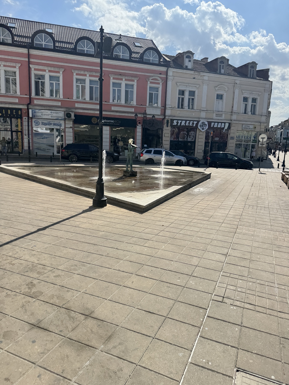 Historic façades and fountain in Ruse old town